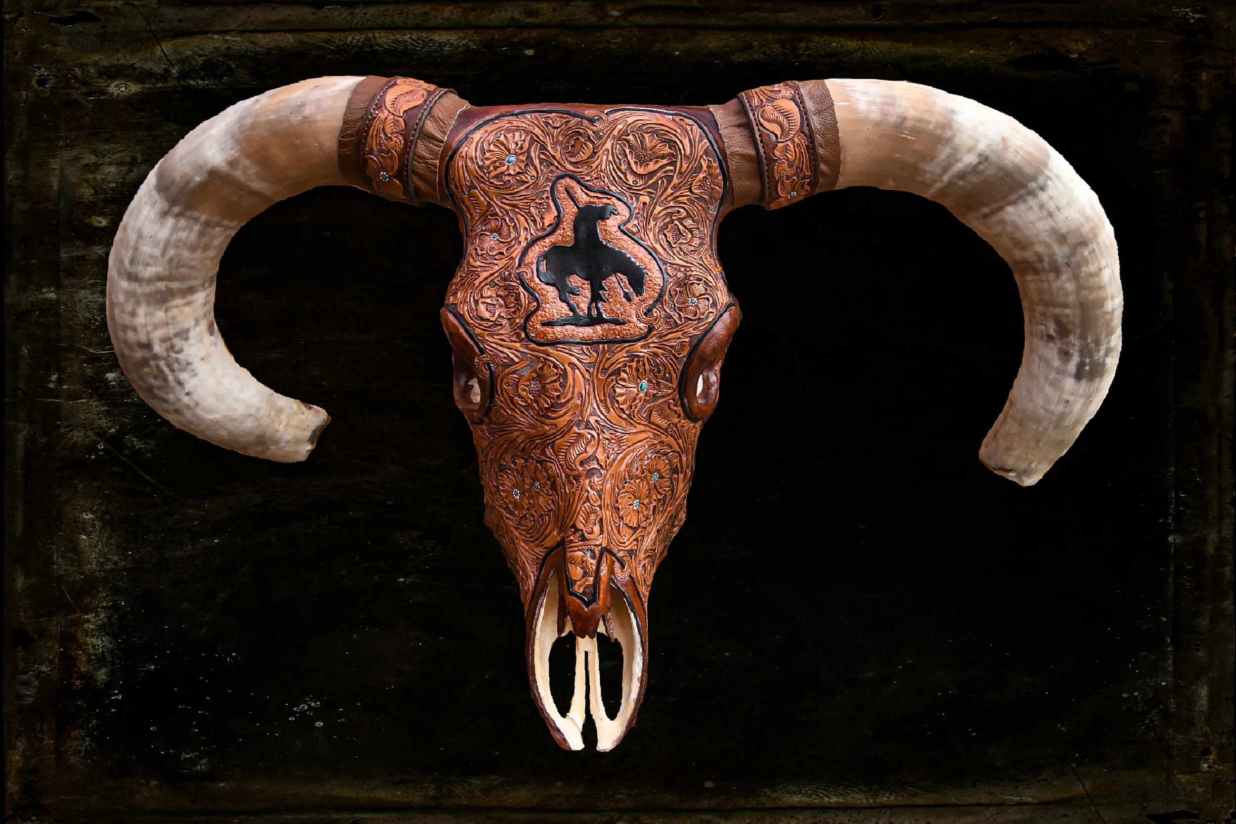 BULL SKULL LEATHER WRAPPED LEATHER ART CANVAS — Dibble & Son Gallery
